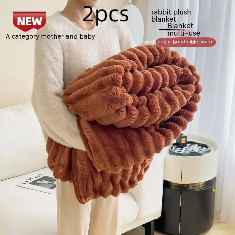 Soft Faux Fur Blanket with Plush Throw Design Ribbed Texture and Matching Pillowcase - Image 5