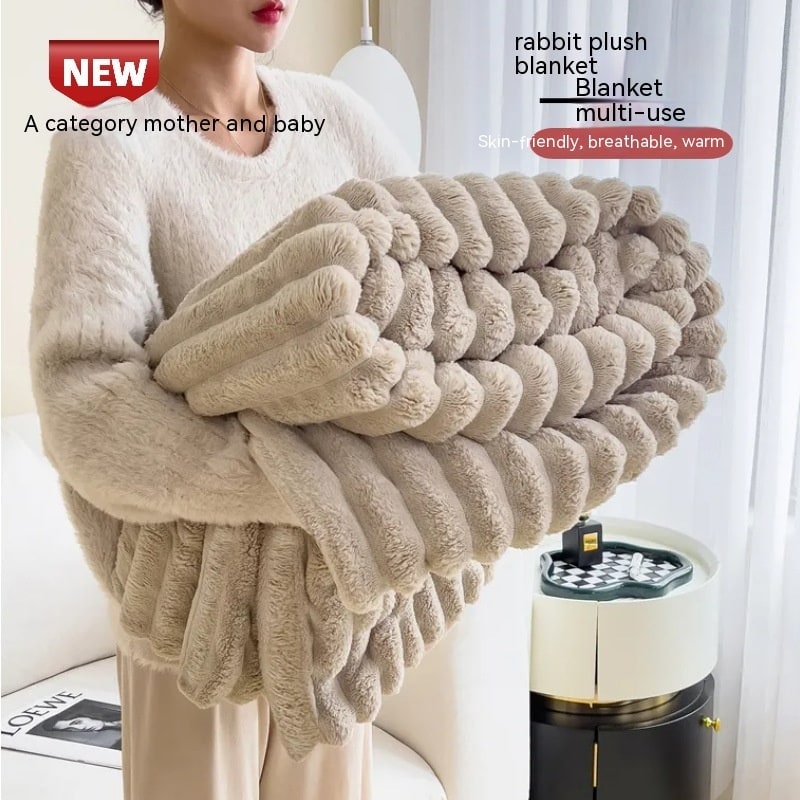 Soft Faux Fur Blanket with Plush Throw Design Ribbed Texture and Matching Pillowcase - Image 6