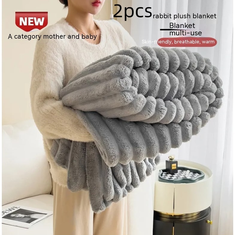 Soft Faux Fur Blanket with Plush Throw Design Ribbed Texture and Matching Pillowcase - Image 7
