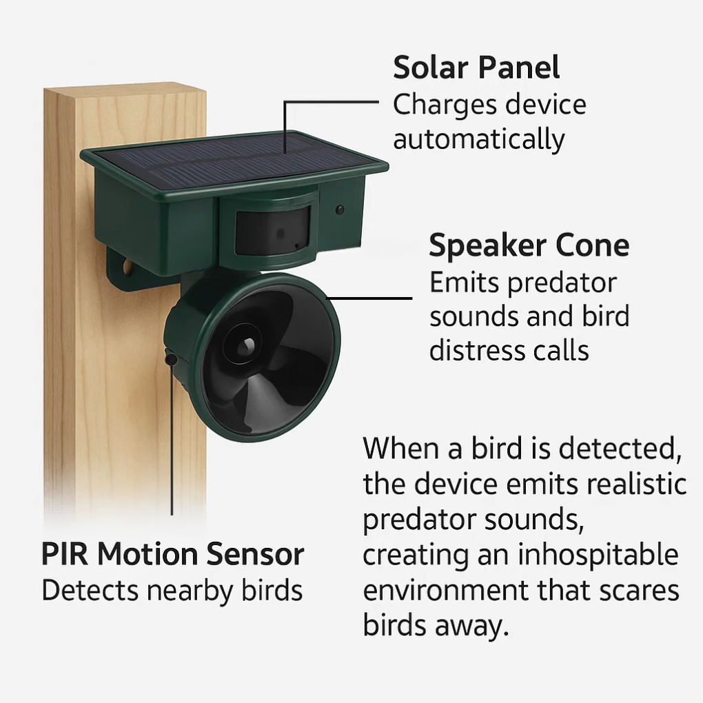 Solar-Powered Motion-Activated Bird Deterrent with Ultrasonic Pest Repeller and Adjustable Frequency - Image 2