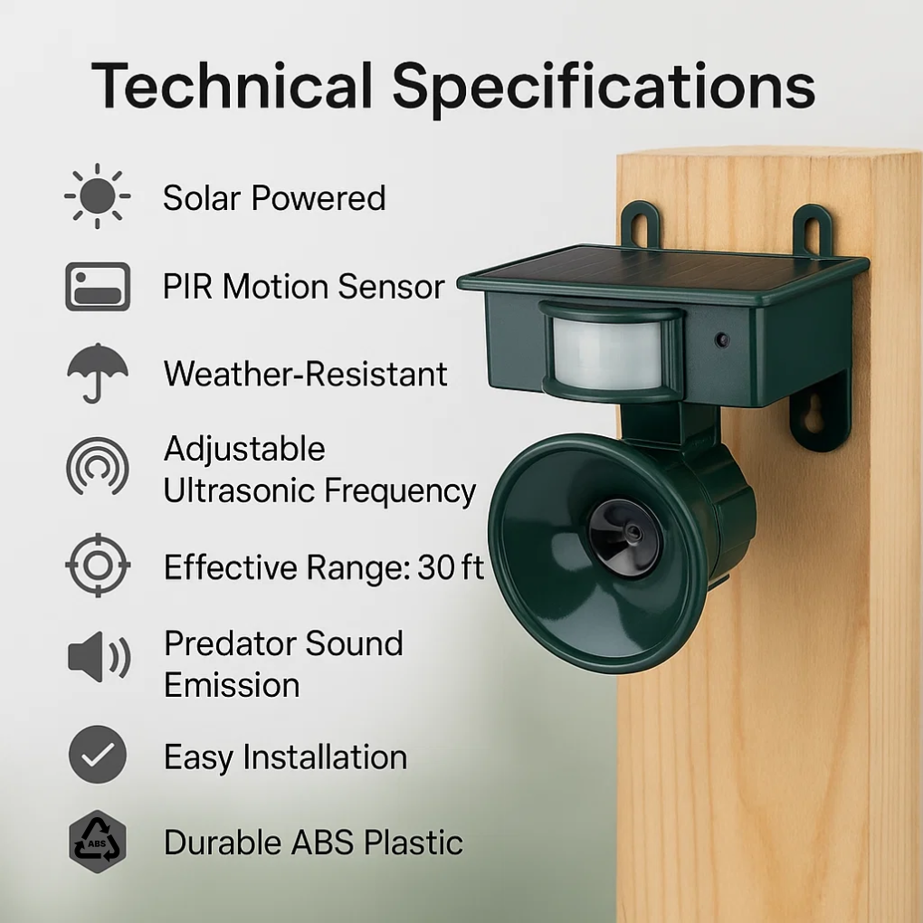 Solar-Powered Motion-Activated Bird Deterrent with Ultrasonic Pest Repeller and Adjustable Frequency - Image 4