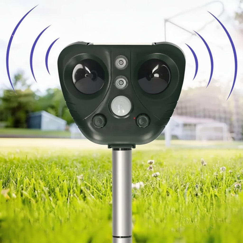 Solar Ultrasonic Bird Deterrent with Motion Sensor LED Lights and Ground Stake - Image 1