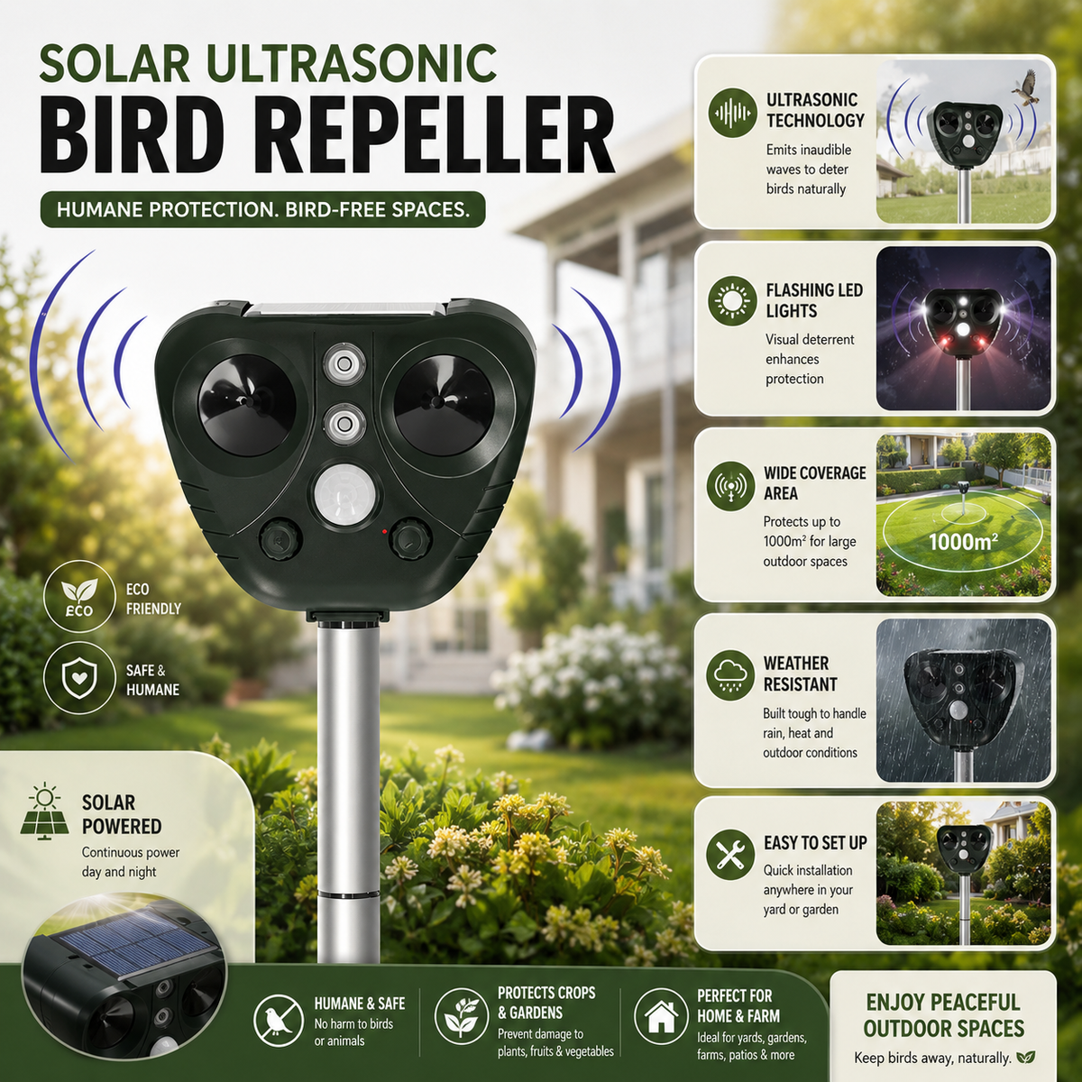 Solar Ultrasonic Bird Deterrent with Motion Sensor LED Lights and Ground Stake - Image 4