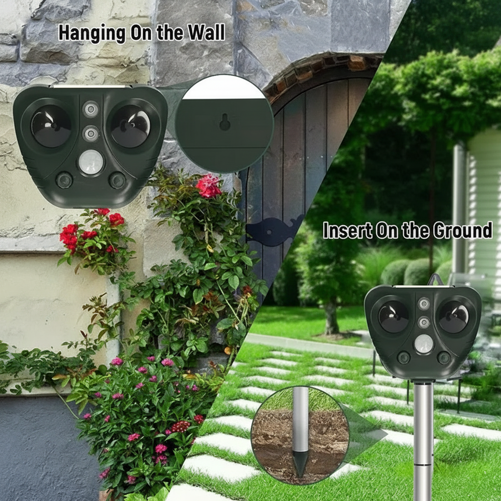 Solar Ultrasonic Bird Deterrent with Motion Sensor LED Lights and Ground Stake - Image 5