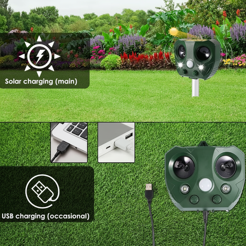 Solar Ultrasonic Bird Deterrent with Motion Sensor LED Lights and Ground Stake - Image 6