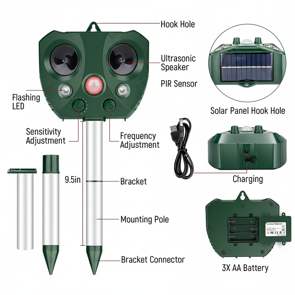 Solar Ultrasonic Bird Deterrent with Motion Sensor LED Lights and Ground Stake - Image 9