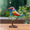 Stained Glass Bird Decoration with Bronze Metal Stand and Colorful Translucent Panels - Image 1