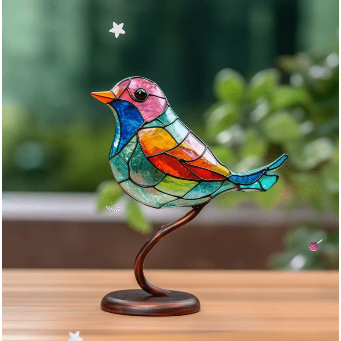 Stained Glass Bird Decoration with Bronze Metal Stand and Colorful Translucent Panels - Image 1