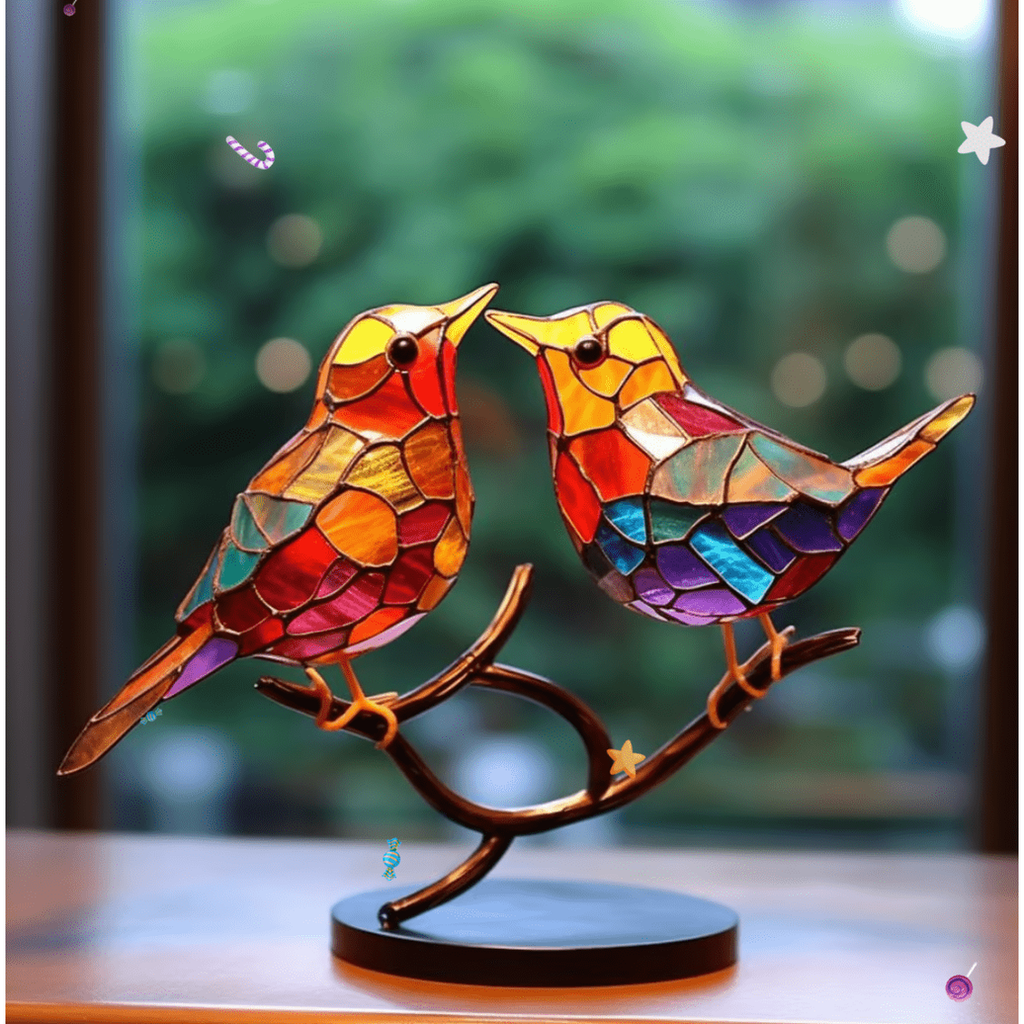 Stained Glass Bird Decoration with Bronze Metal Stand and Colorful Translucent Panels - Image 2