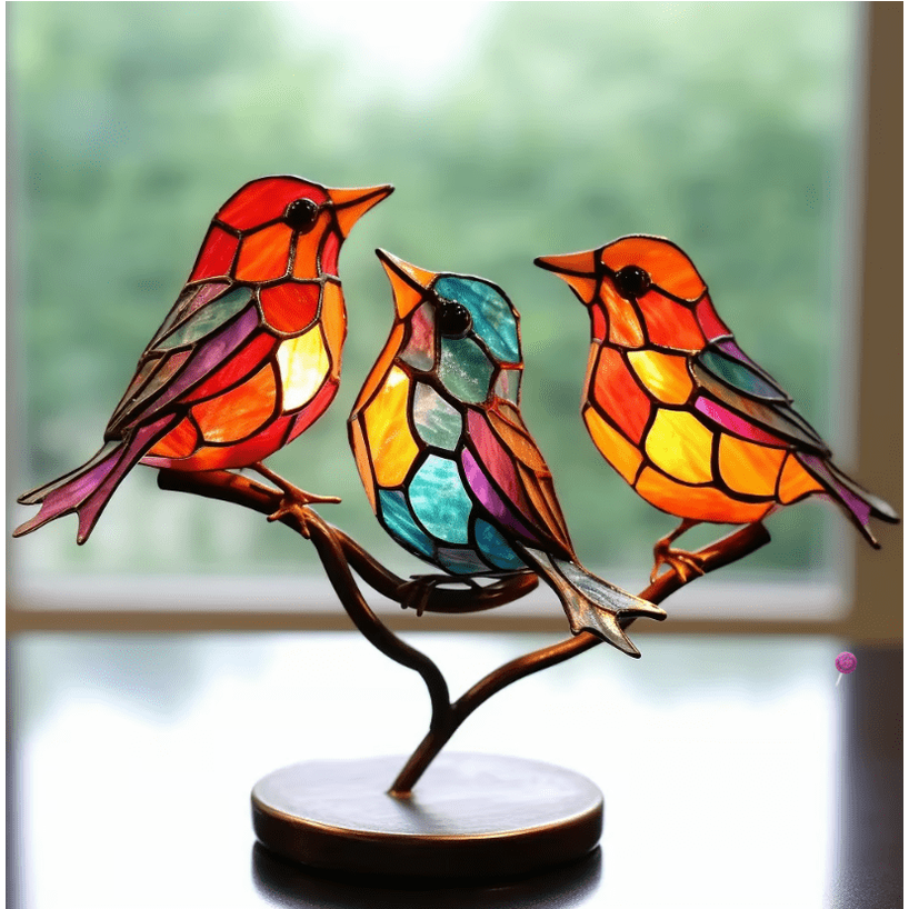 Stained Glass Bird Decoration with Bronze Metal Stand and Colorful Translucent Panels - Image 3