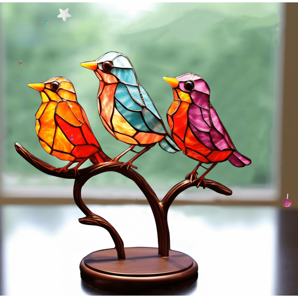 Stained Glass Bird Decoration with Bronze Metal Stand and Colorful Translucent Panels - Image 4