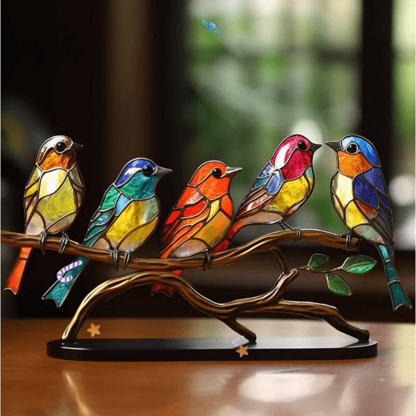 Stained Glass Bird Decoration with Bronze Metal Stand and Colorful Translucent Panels - Image 5