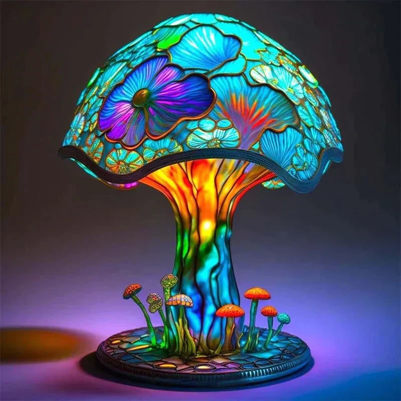 Stained Glass Effect Table Lamp with Warm LED Mood Lighting and Decorative Sculpted Base - Image 1