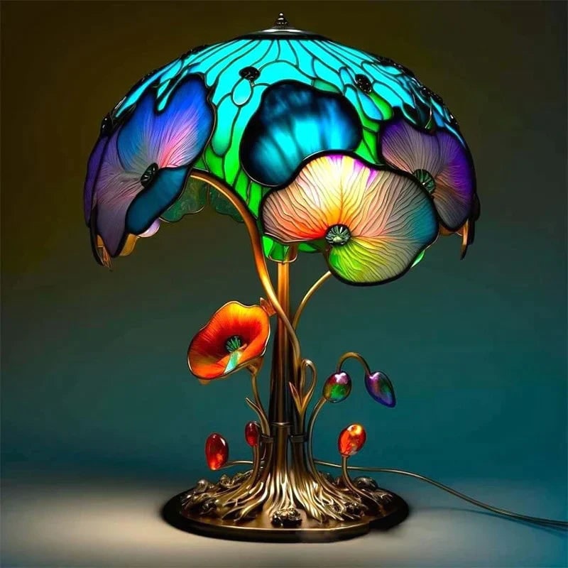 Stained Glass Effect Table Lamp with Warm LED Mood Lighting and Decorative Sculpted Base - Image 3