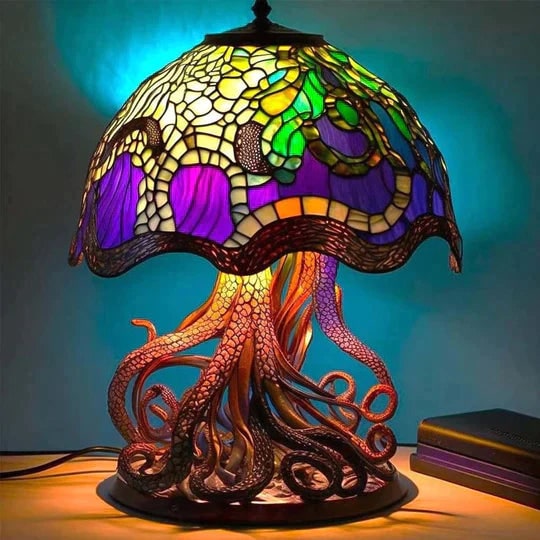 Stained Glass Effect Table Lamp with Warm LED Mood Lighting and Decorative Sculpted Base - Image 7