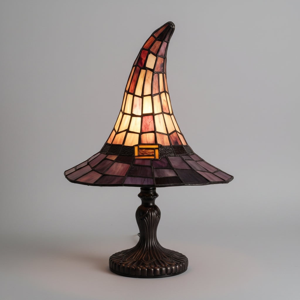 Stained Glass Table Lamp with Witch Hat Shape and Bronze Base Mid Century Modern Design - Image 1