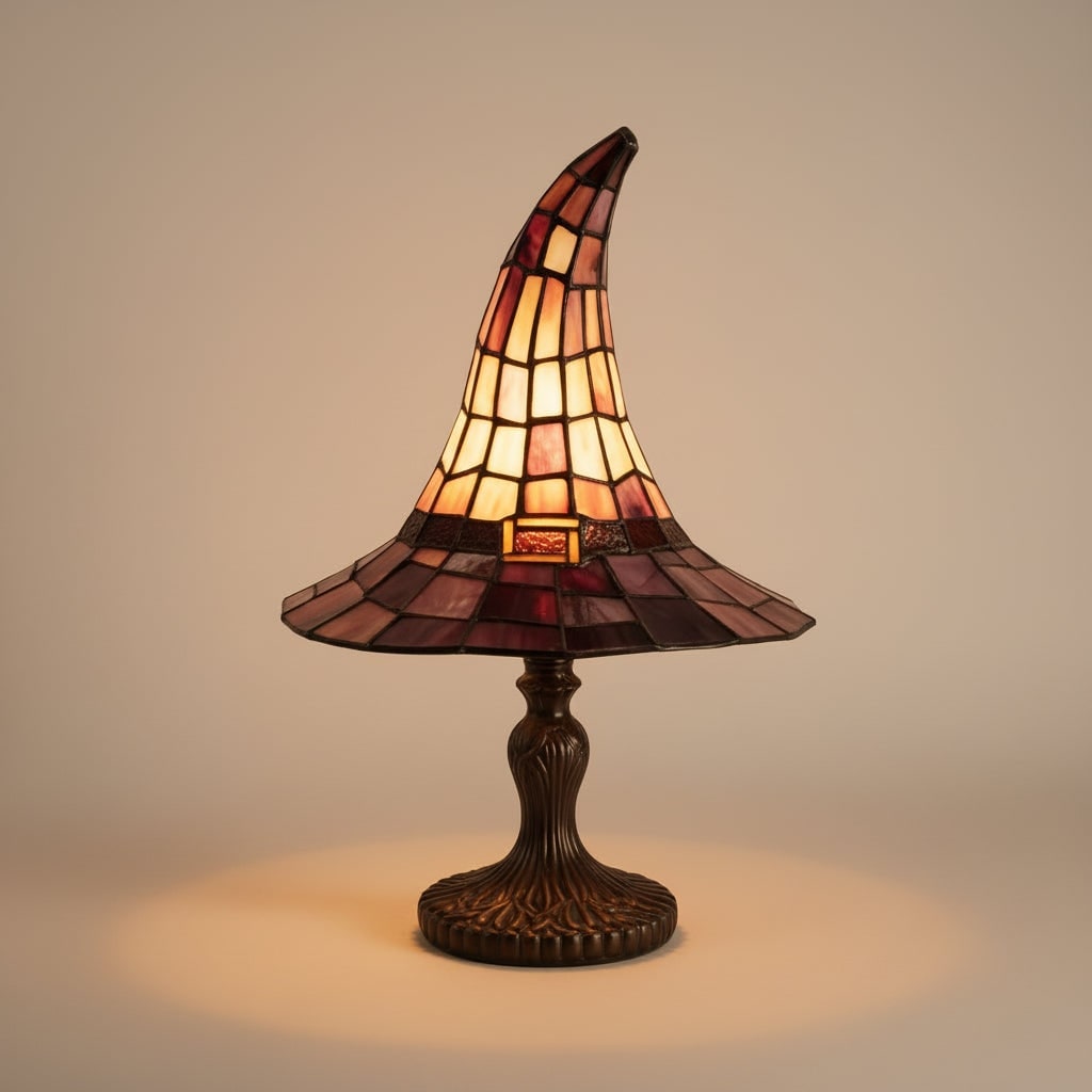 Stained Glass Table Lamp with Witch Hat Shape and Bronze Base Mid Century Modern Design - Image 2
