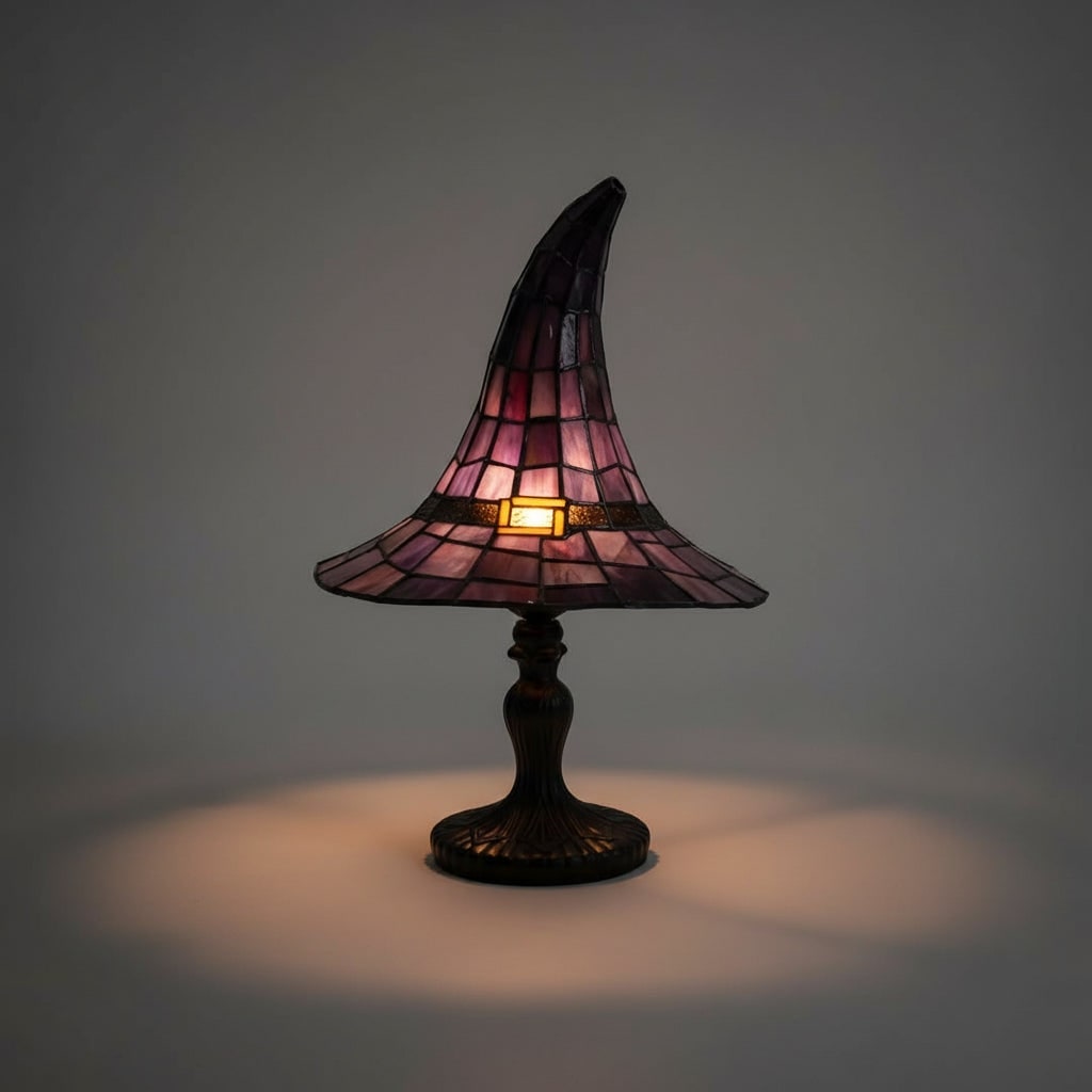 Stained Glass Table Lamp with Witch Hat Shape and Bronze Base Mid Century Modern Design - Image 3
