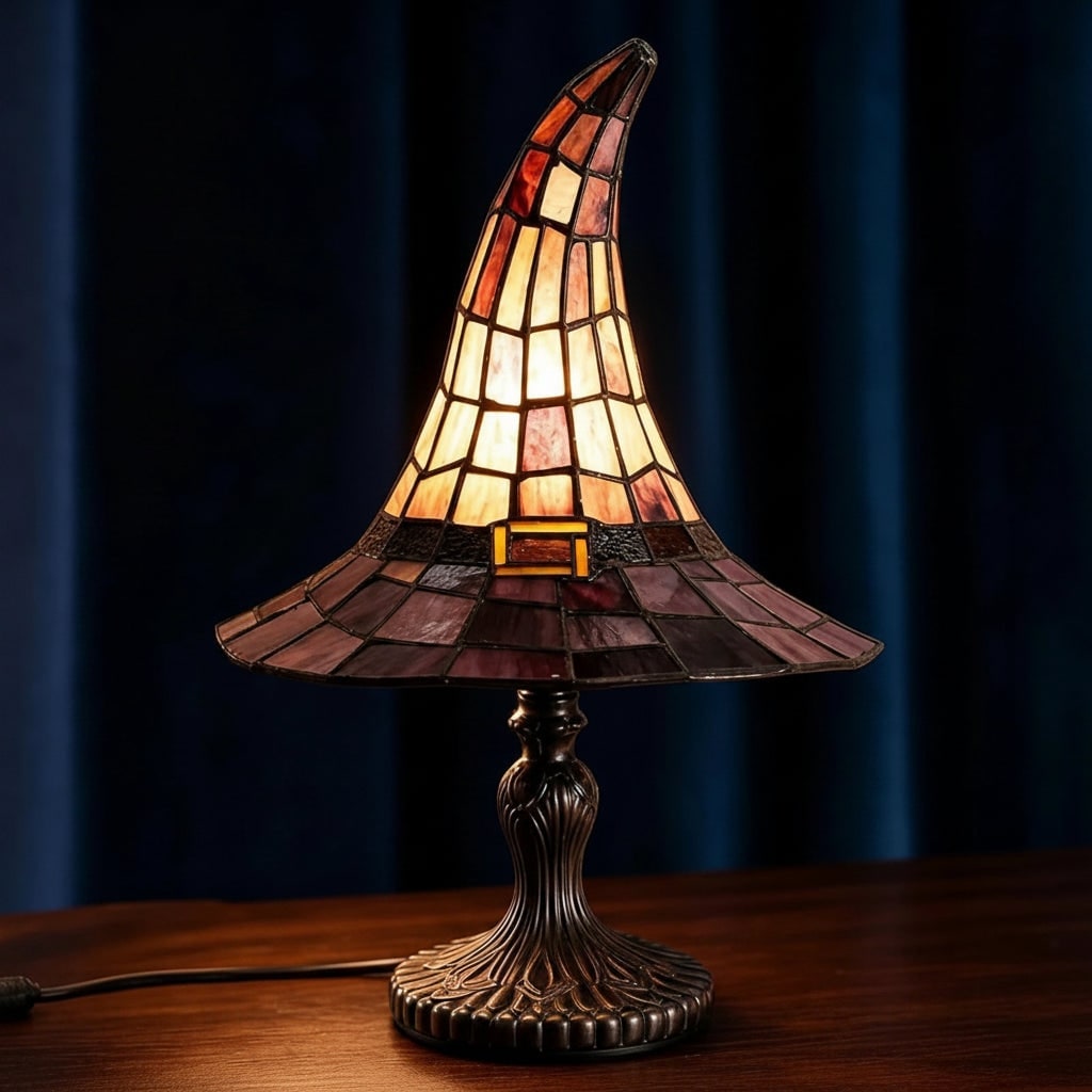 Stained Glass Table Lamp with Witch Hat Shape and Bronze Base Mid Century Modern Design - Image 4