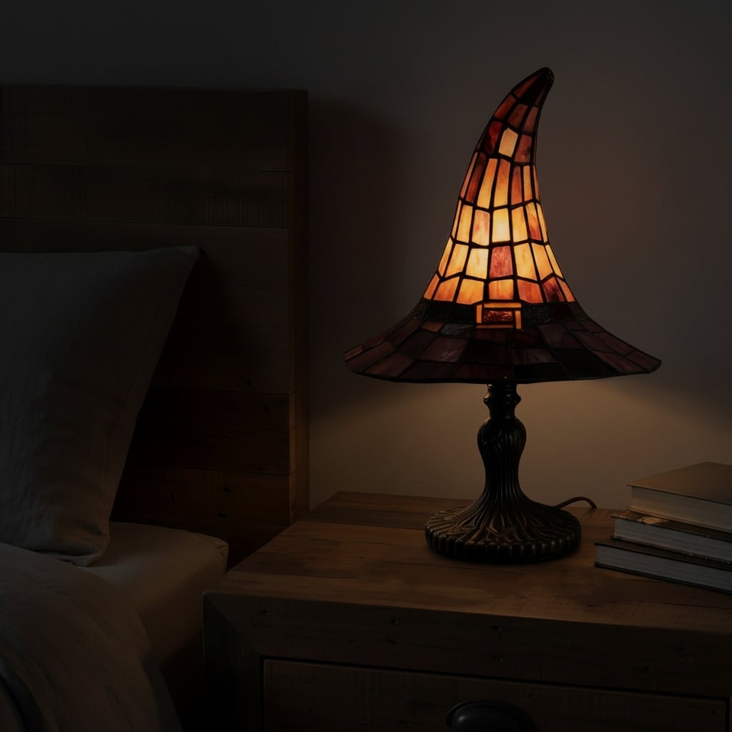 Stained Glass Table Lamp with Witch Hat Shape and Bronze Base Mid Century Modern Design - Image 5