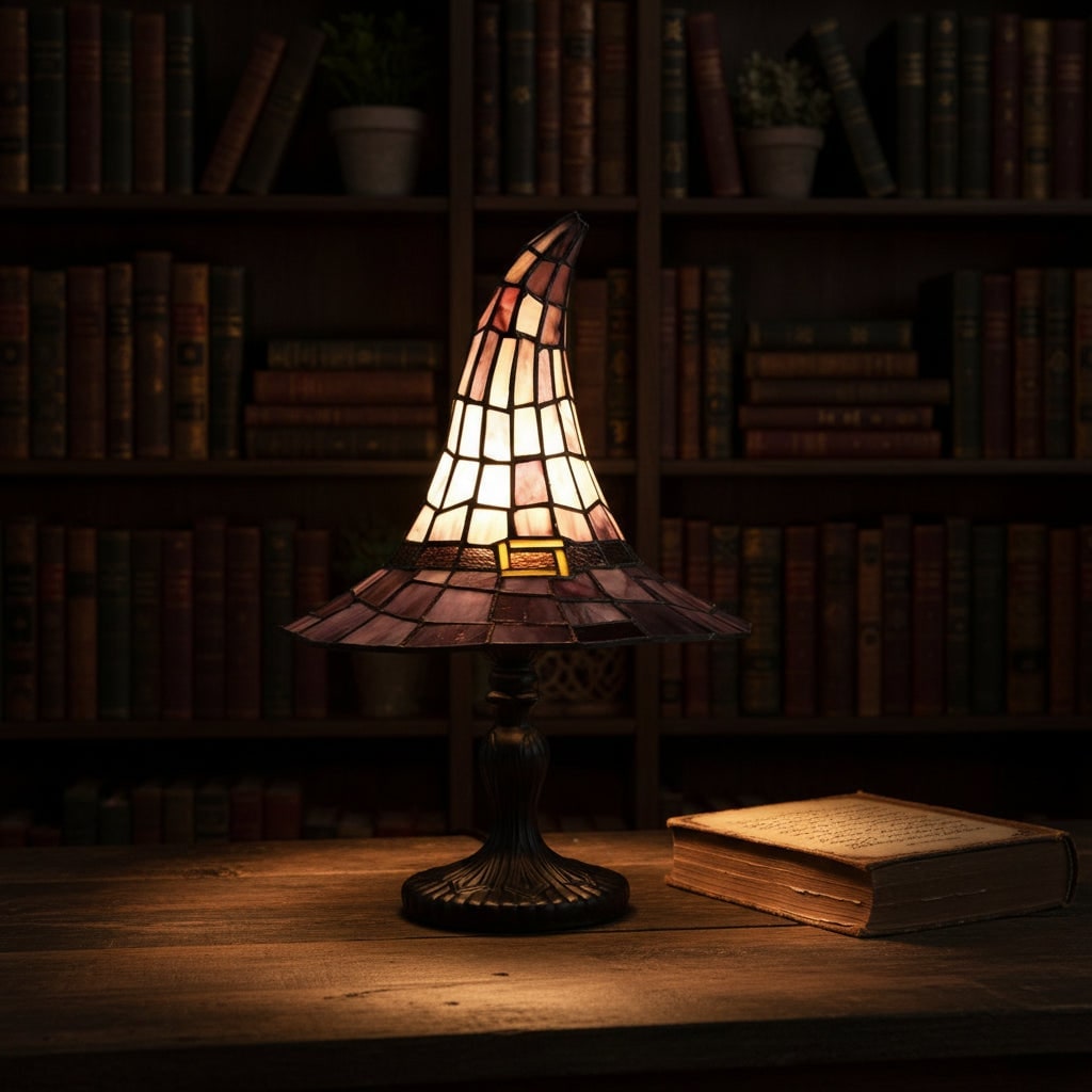 Stained Glass Table Lamp with Witch Hat Shape and Bronze Base Mid Century Modern Design - Image 6