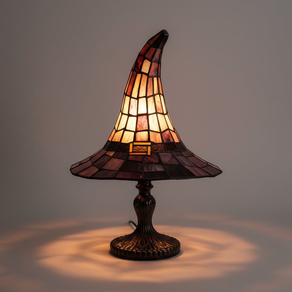 Stained Glass Witch Hat Table Lamp with Bronze Base and Vintage Art Shade - Image 1