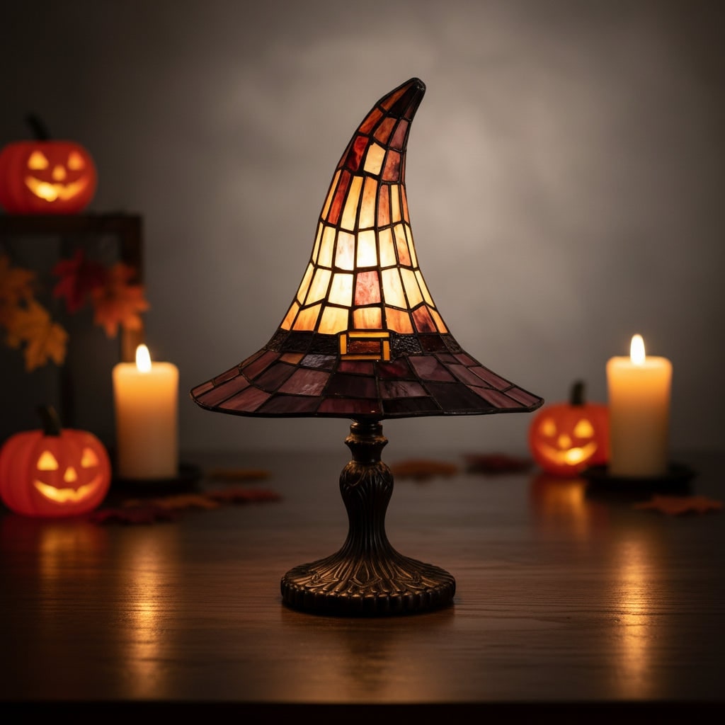 Stained Glass Witch Hat Table Lamp with Bronze Base and Vintage Art Shade - Image 2