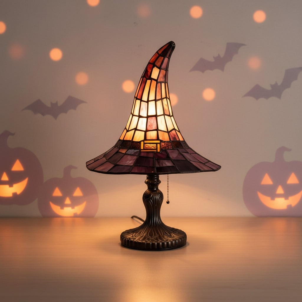 Stained Glass Witch Hat Table Lamp with Bronze Base and Vintage Art Shade - Image 3