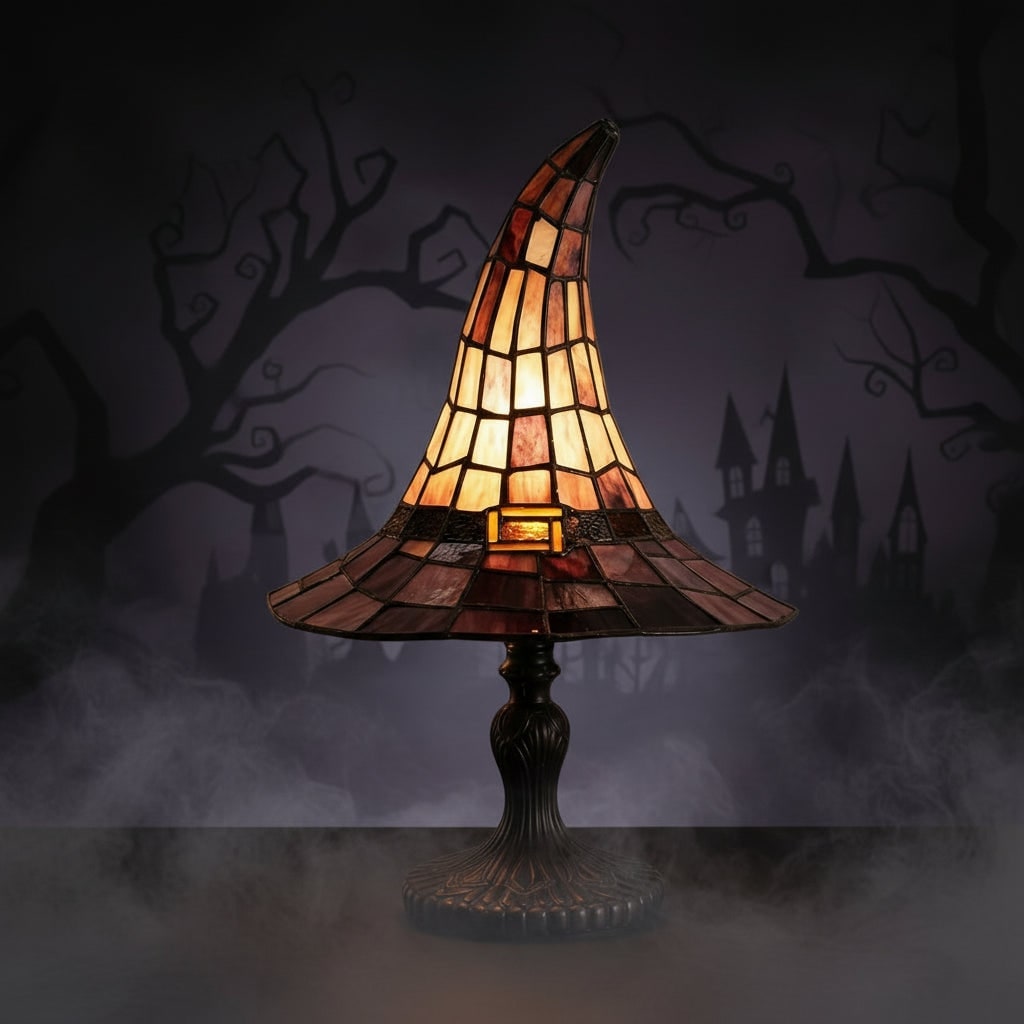 Stained Glass Witch Hat Table Lamp with Bronze Base and Vintage Art Shade - Image 4