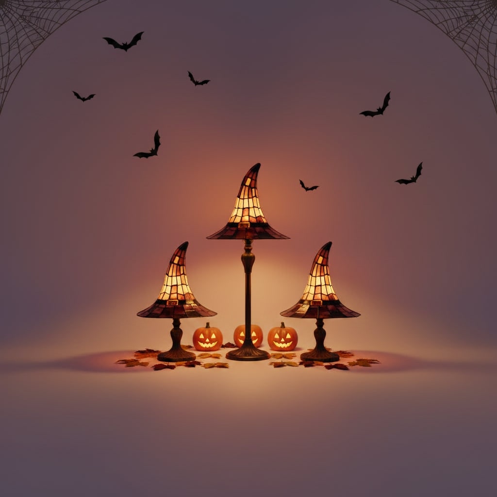 Stained Glass Witch Hat Table Lamp with Bronze Base and Vintage Art Shade - Image 5