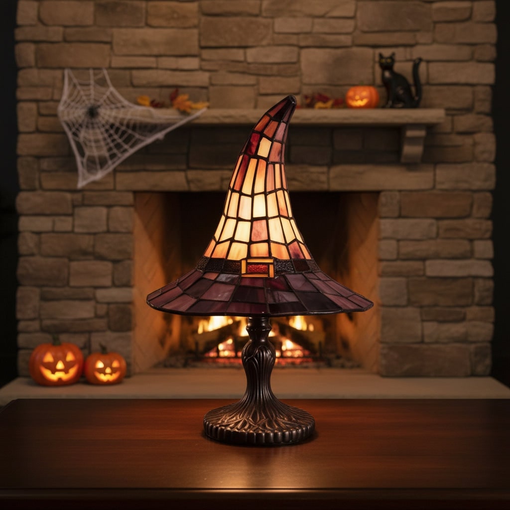 Stained Glass Witch Hat Table Lamp with Bronze Base and Vintage Art Shade - Image 6