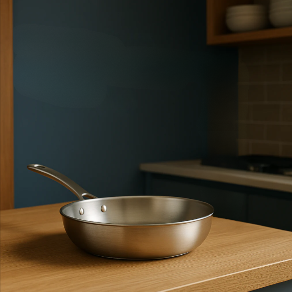 Stainless Steel Induction Frying Pan with Hammered Interior and Riveted Handle - Image 1