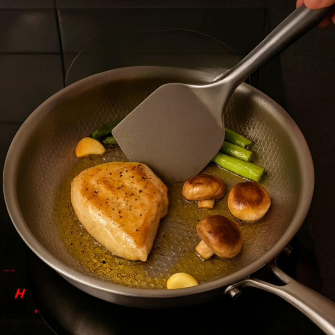 Stainless Steel Induction Frying Pan with Hammered Interior and Riveted Handle - Image 4