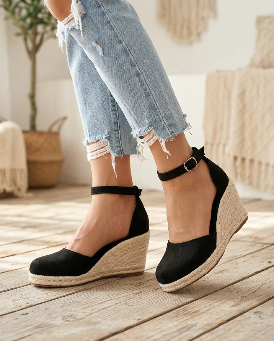 Stella | Sandali Espadrillas Donna Zeppa Cinturino Caviglia Nero