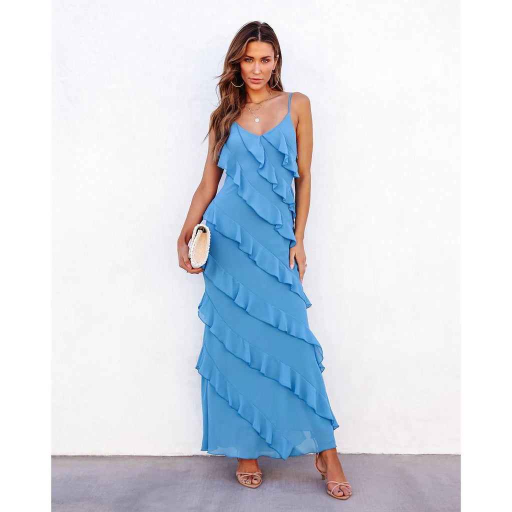 Stella | Vestito Lungo Volant Cerimonia Azzurro