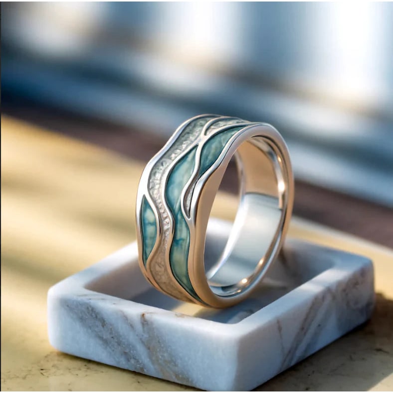 Sterling Silver Turquoise Wave Ring with Gold Accents - Image 2