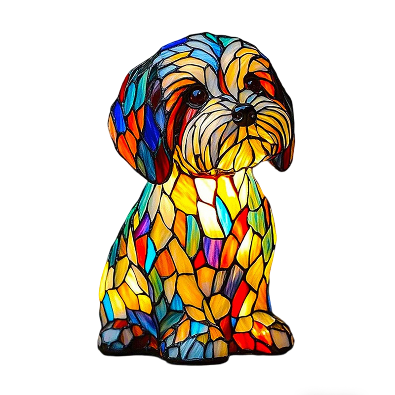 Table Lamp Dog Stained Glass with Mosaic Resin and Illuminated Night Light Design - Image 1