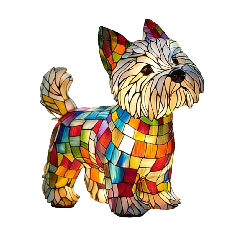 Table Lamp Dog Stained Glass with Mosaic Resin and Illuminated Night Light Design - Image 2