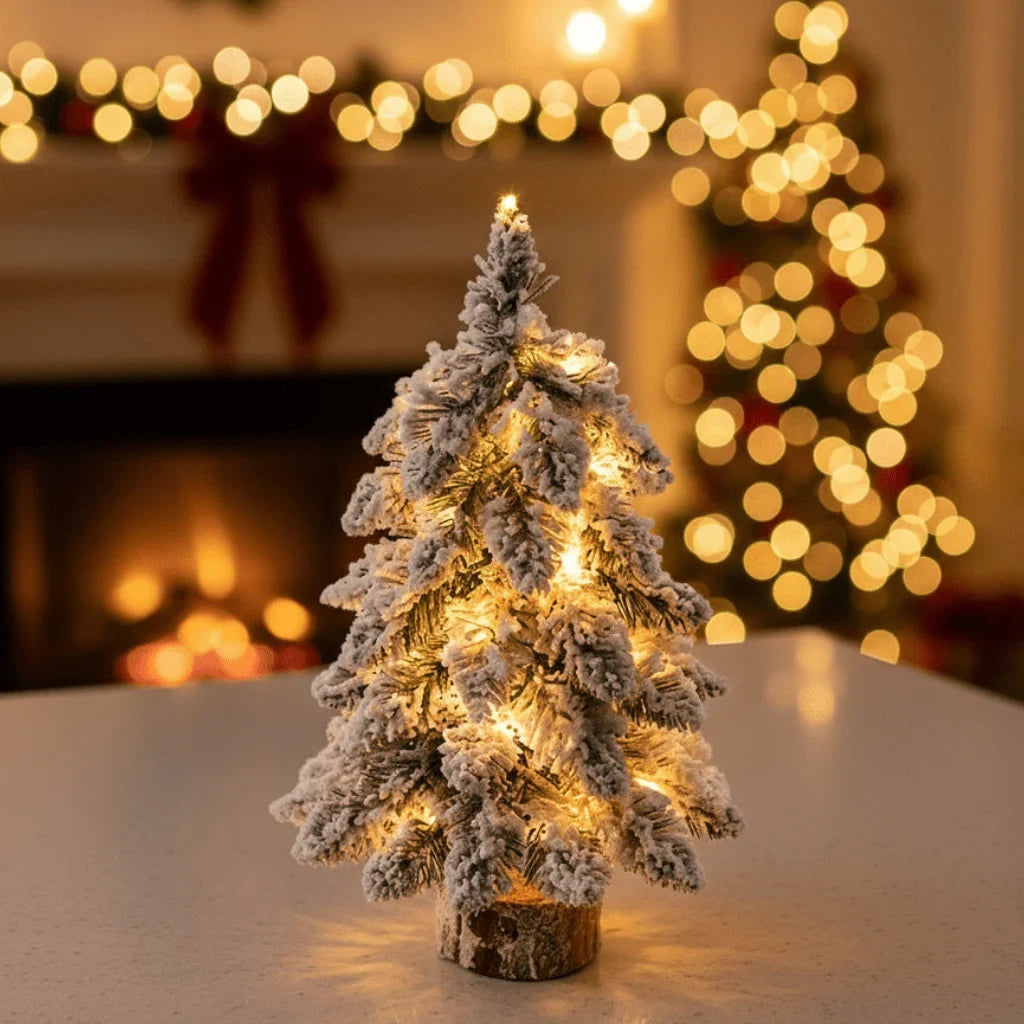 Tabletop Christmas Tree with LED Lights Faux Pine and Snowy Flocked Finish - Image 1