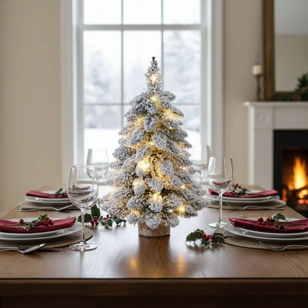 Tabletop Christmas Tree with LED Lights Faux Pine and Snowy Flocked Finish - Image 2