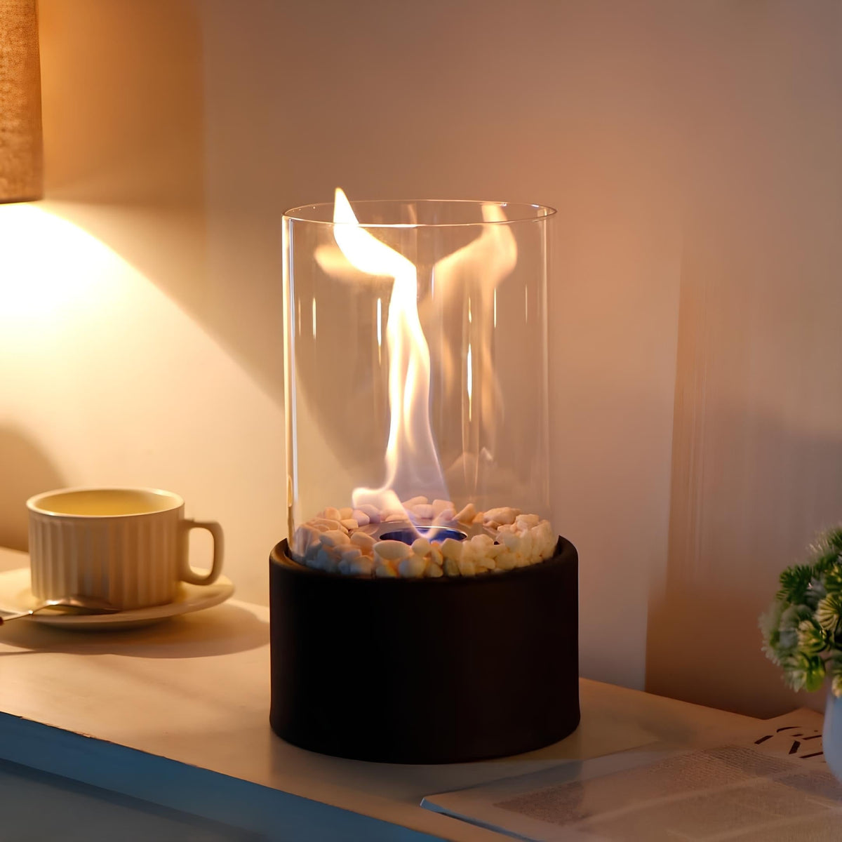 Tabletop Fire Pit Smokeless Portable with Glass Cylinder and Decorative Stones - Image 4
