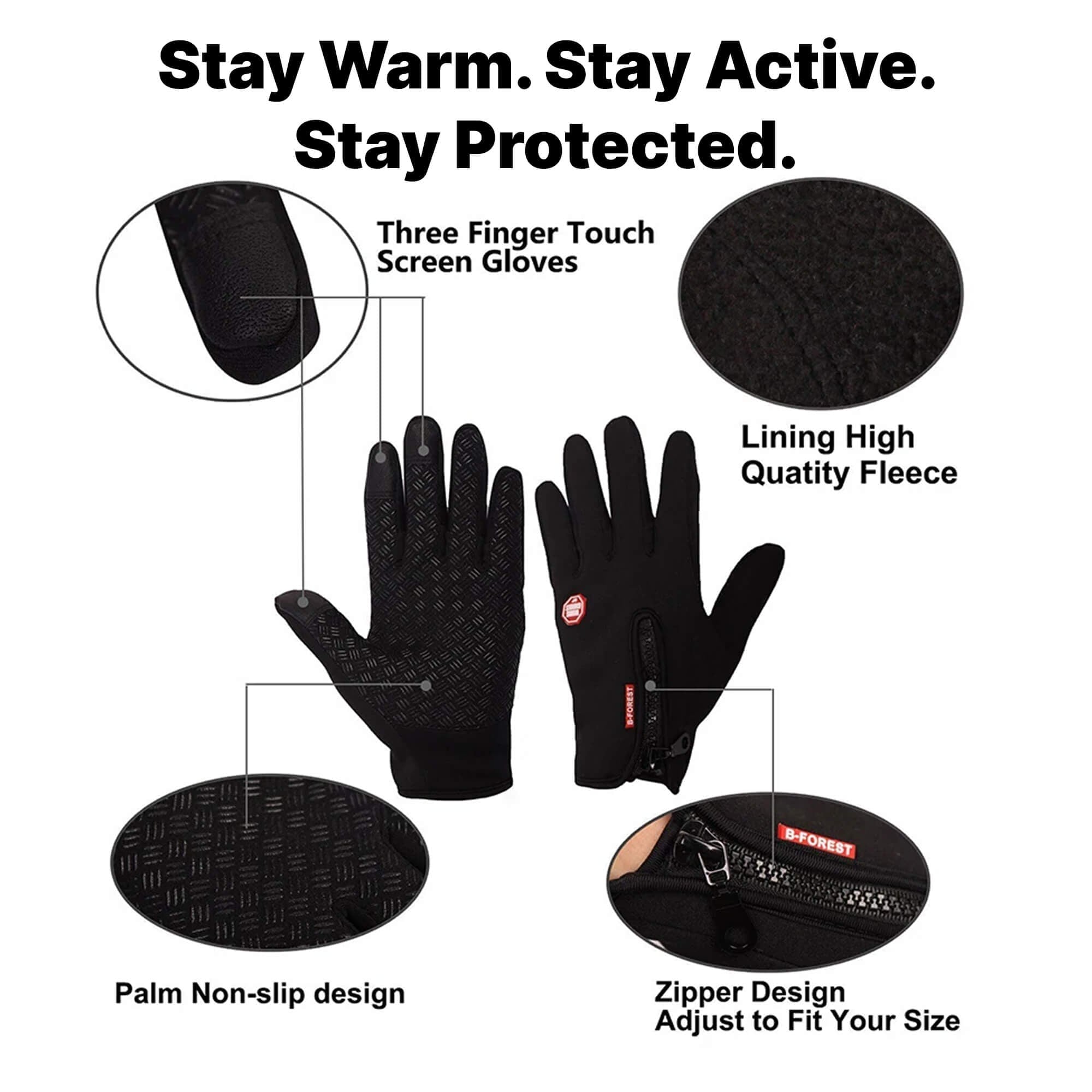 Thermal Ladies Winter Snow Ski Cycling Gloves with Zipper and Touchscreen Fingertips - Image 7
