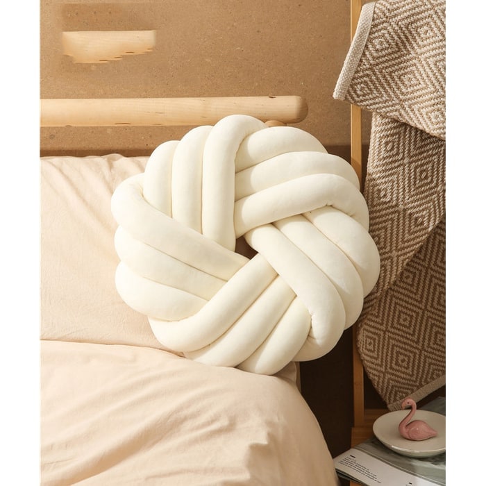 Throw Pillow with Knotted Ball Design Soft Plush Velvet Decorative Cushion - Image 1
