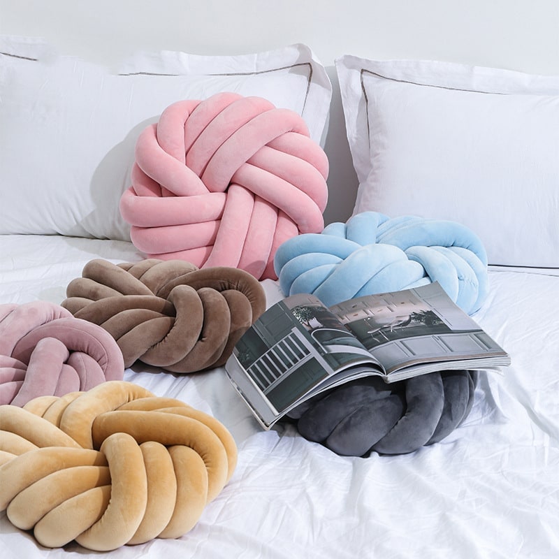Throw Pillow with Knotted Ball Design Soft Plush Velvet Decorative Cushion - Image 5