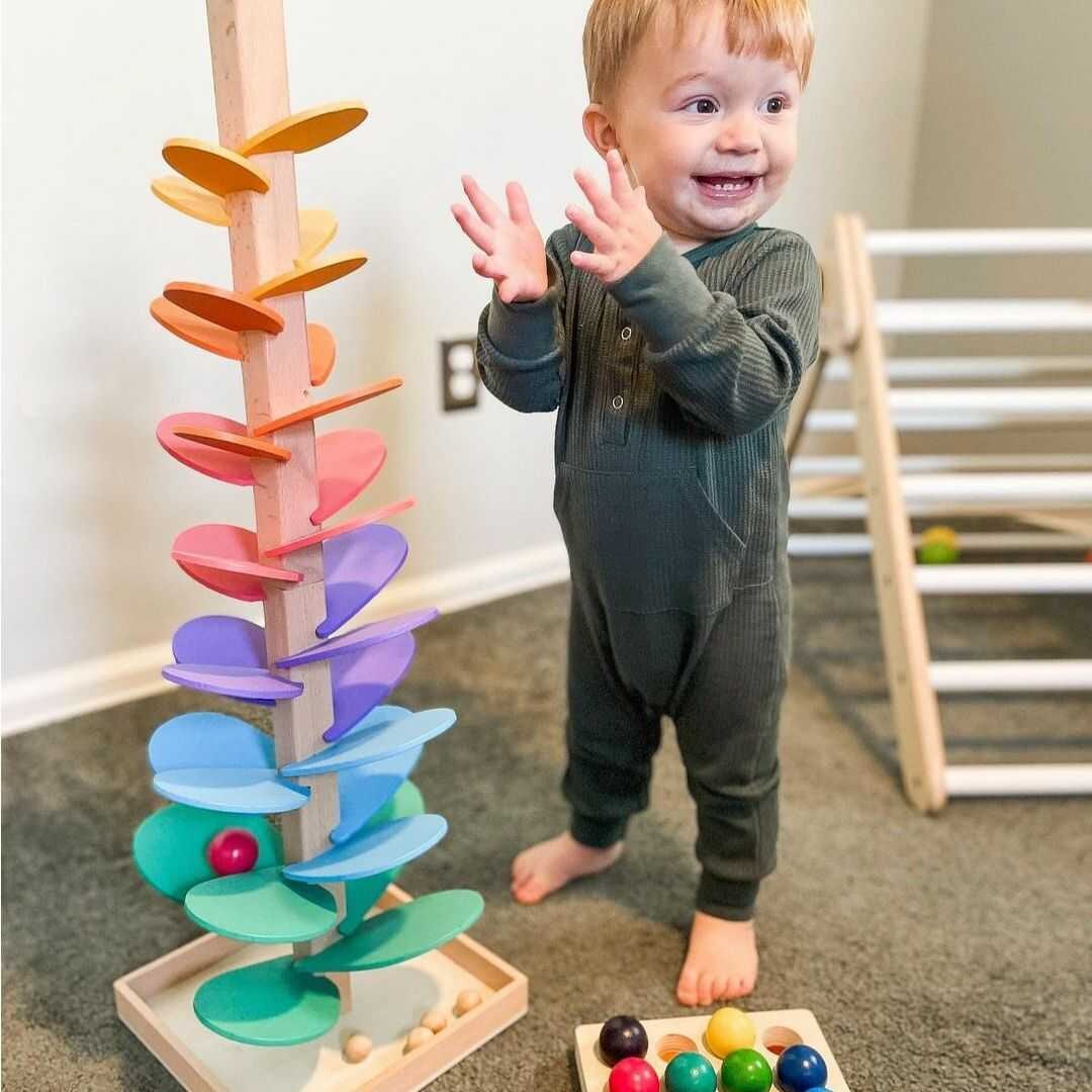 Toddler Marble Run Toy Wooden Sound Tree with Cascading Balls and Rainbow Colors - Image 1