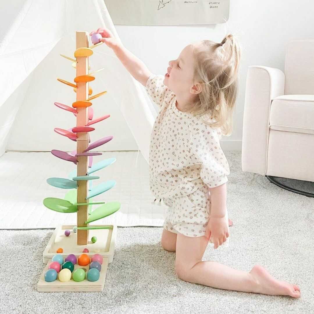 Toddler Marble Run Toy Wooden Sound Tree with Cascading Balls and Rainbow Colors - Image 2