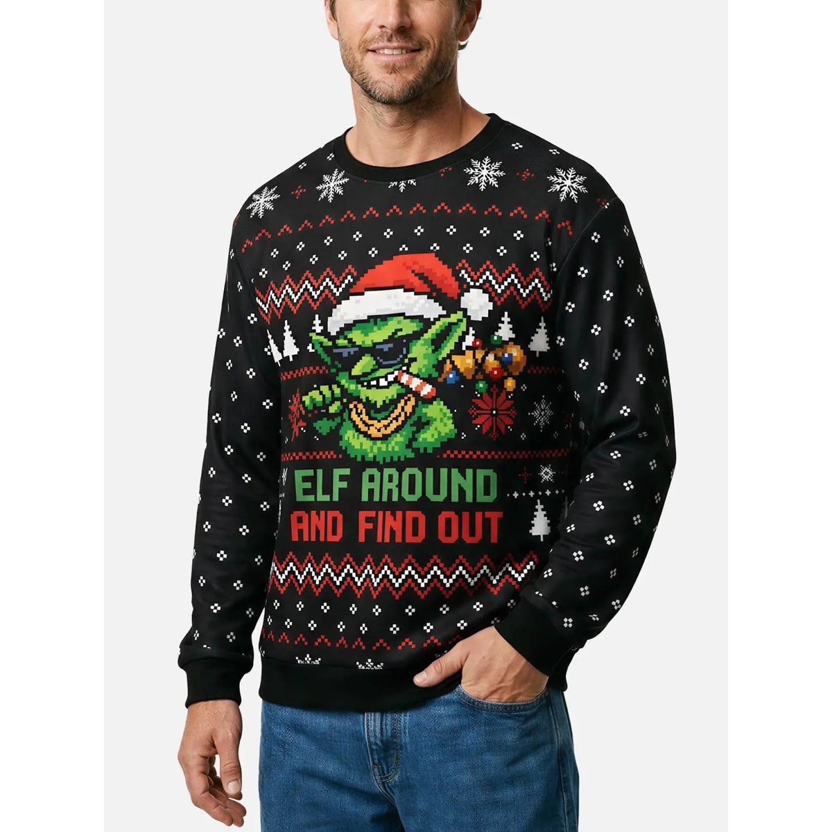 Ugly Christmas Sweater Funny Women's Crew Neck with Fair Isle and Goblin Graphic - Image 2