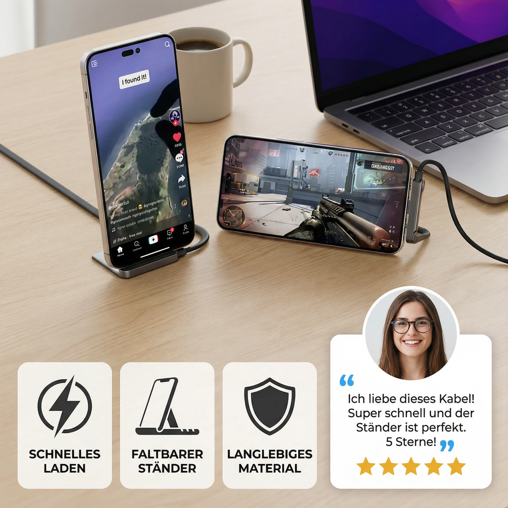 Usb-C to Cable with Integrated Folding Phone Stand and Fast Charging - Image 3