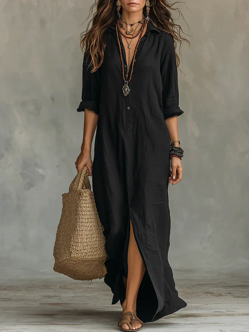 Vanessa | Abito Camicia Donna Lungo con Spacco Nero