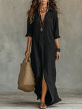 Vanessa | Abito Camicia Donna Lungo con Spacco Nero
